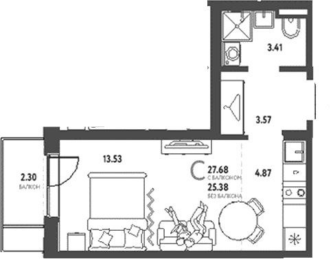 Планировка Студия, 27,68 м² в ЖК Уральский сад